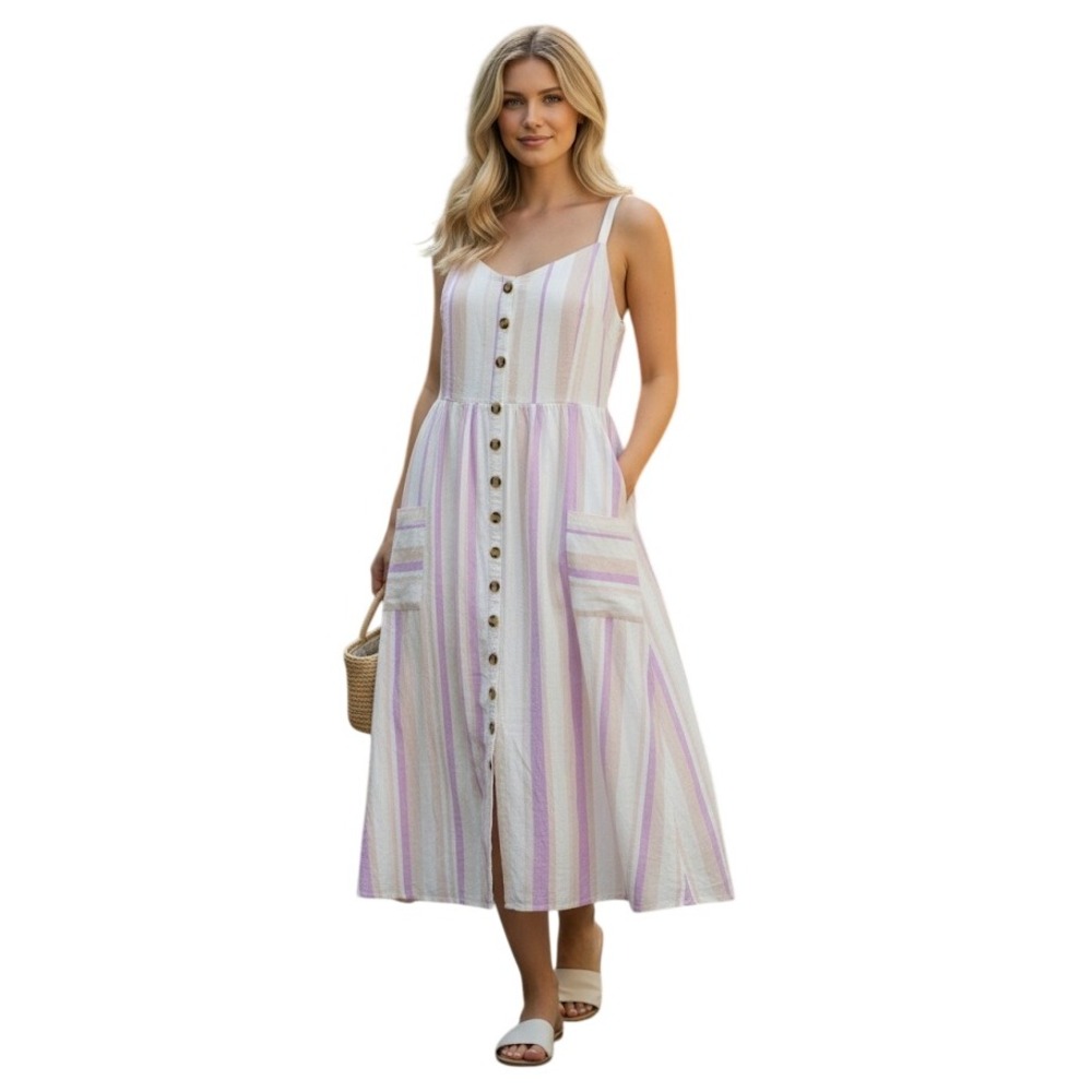 Torrid Midi Sundress 14 Women 1 Pink Stripe Linen/Cotton Breathable Pockets